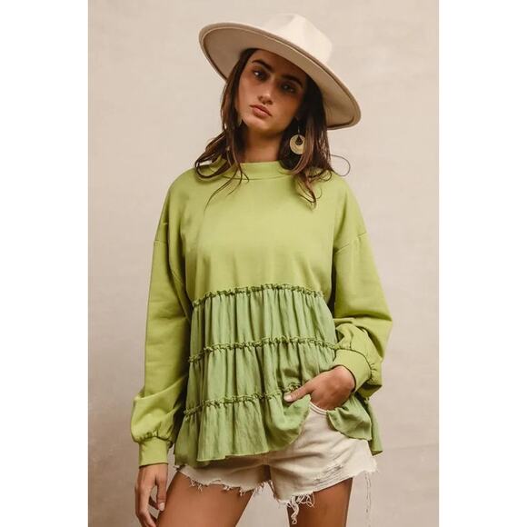 BiBi Long Sleeves Tiered Design French Terry Woven Mixed Ruffle Top | Lt Olive - Picture 5 of 6
